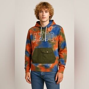 Akoo Hoodie Tie-Dye Streetwear Grunge Skater Orange Blue Green Unisex Size XL